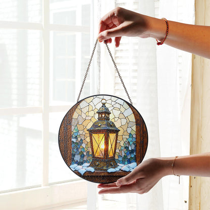 Snowy Lantern Stained Glass Window Suncatcher Winter Decor Christmas Gift for Mom or Holiday Gift for Her