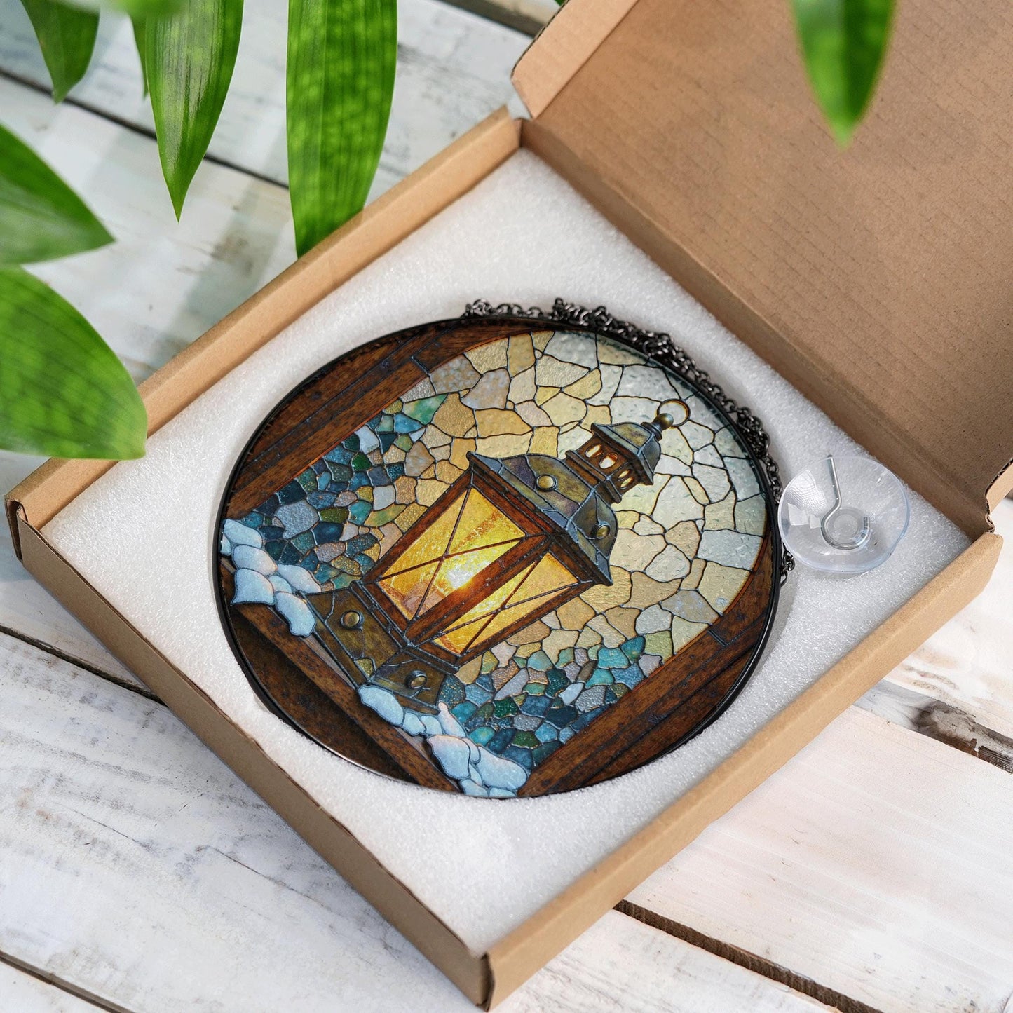 Snowy Lantern Stained Glass Window Suncatcher Winter Decor Christmas Gift for Mom or Holiday Gift for Her