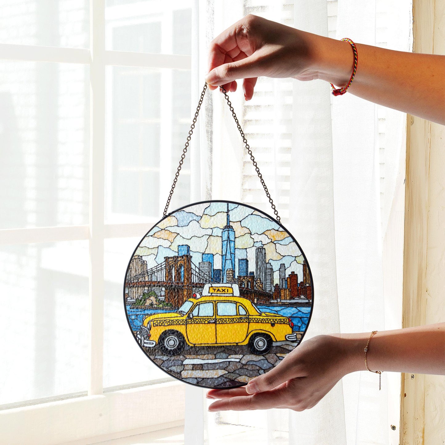 New York City Taxi Skyline Suncatcher Window Hanging Gift for Dad