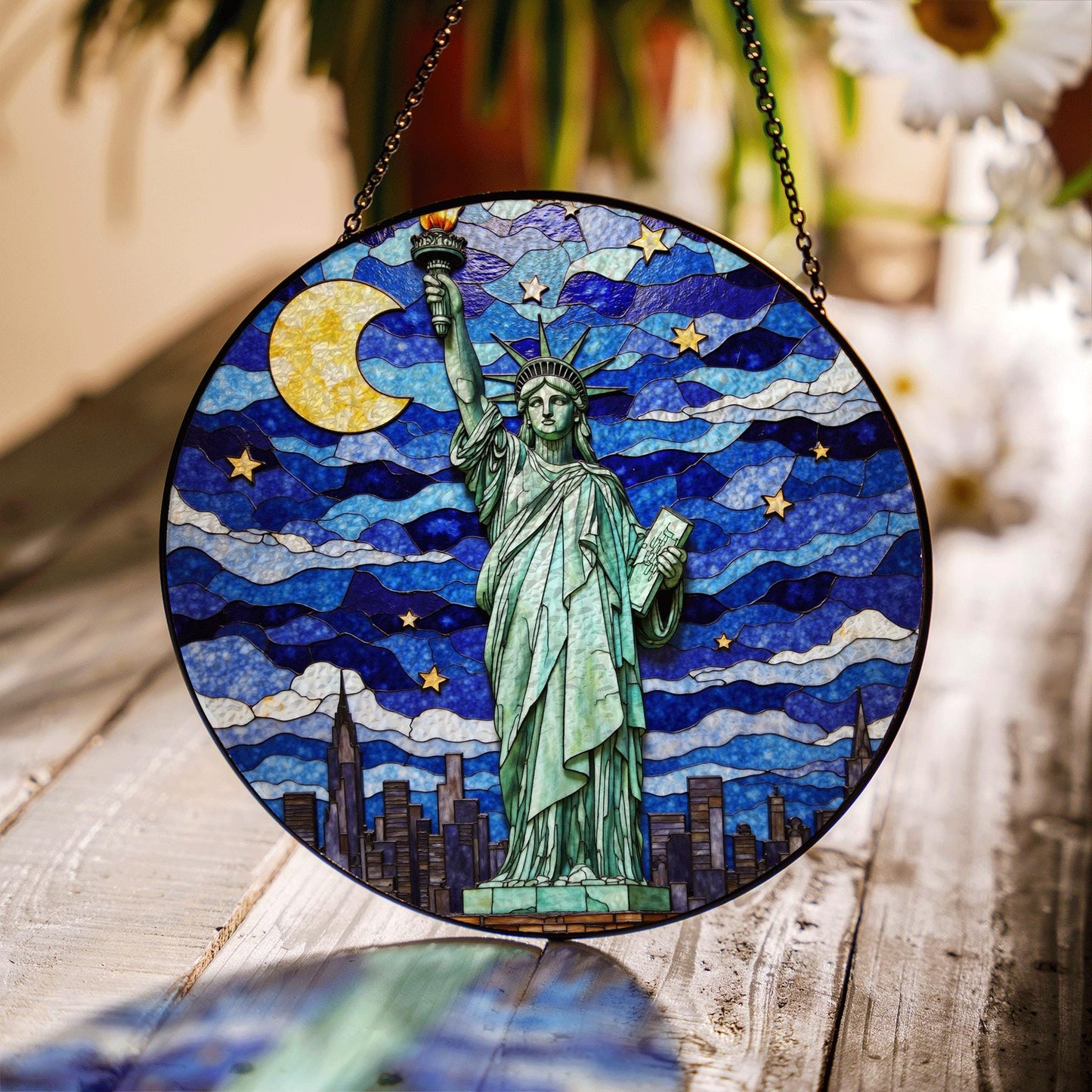 Statue of Liberty under moonlit sky stained glass suncatcher window decor Fourth of July patriotic gift