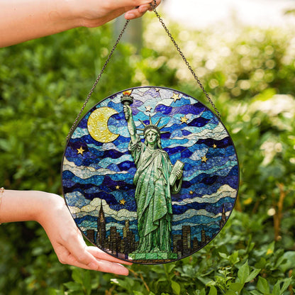 Statue of Liberty under moonlit sky stained glass suncatcher window decor Fourth of July patriotic gift