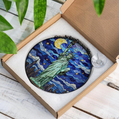 Statue of Liberty under moonlit sky stained glass suncatcher window decor Fourth of July patriotic gift