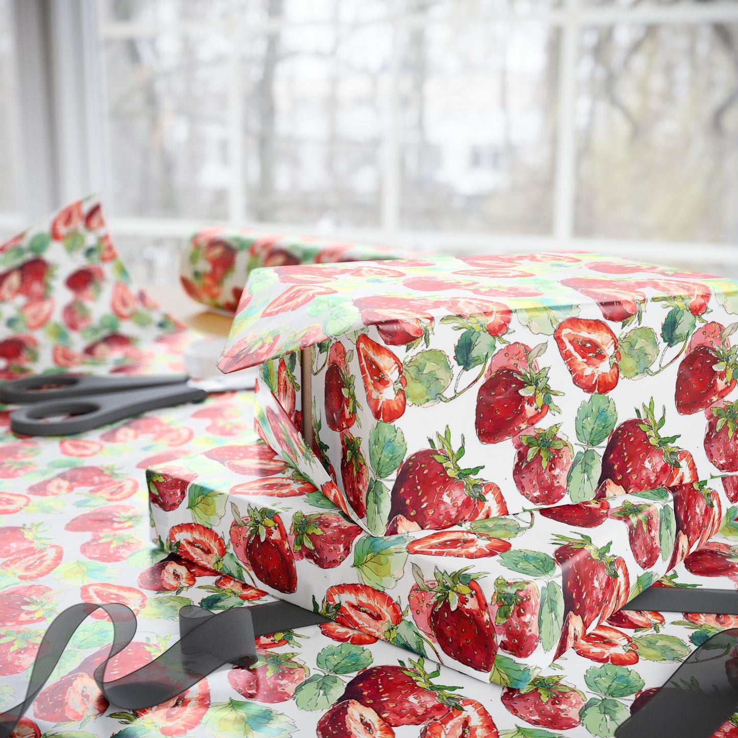 Strawberry Wrapping Paper for Bridesmaid Gifts | Fun Berry Gift Wrap for Wedding Day | Pink Summer Fruit Party Decor