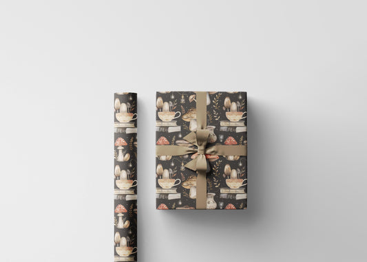 Bookish Mushroom Wrapping Paper | Whimsical mushroom Fun Toadstool Gift Wrap for Book Lover Dark Cottagecore Forest Packaging Aesthetic
