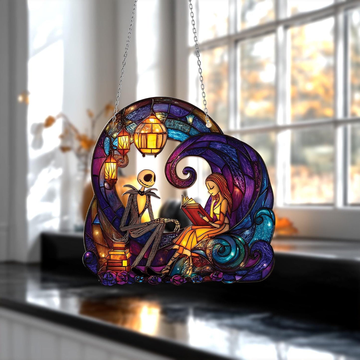 Romantic Skeleton Couple Hanging Decor, Gothic Love Window Accent with Lanterns and Books, Cozy Halloween or Fall Gift for Spooky Fans