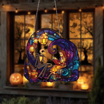 Romantic Skeleton Couple Hanging Decor, Gothic Love Window Accent with Lanterns and Books, Cozy Halloween or Fall Gift for Spooky Fans