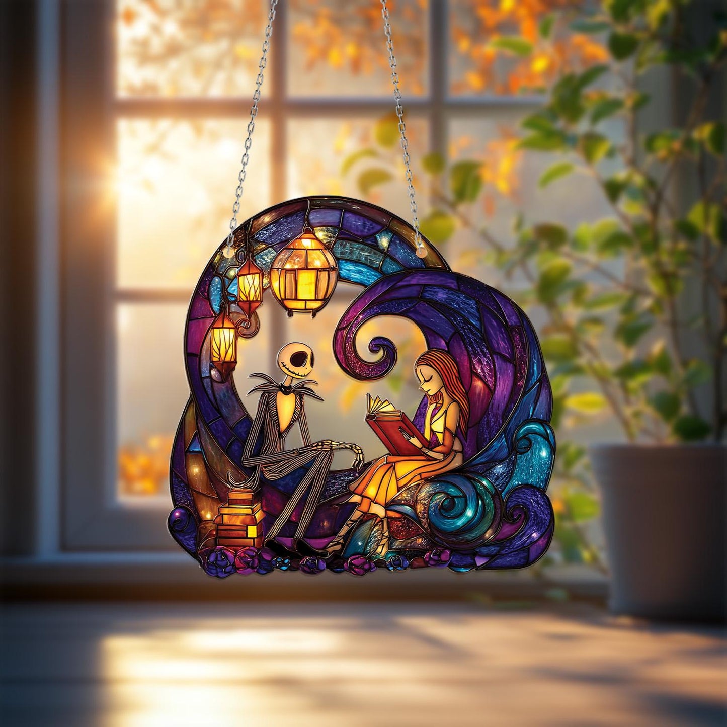 Romantic Skeleton Couple Hanging Decor, Gothic Love Window Accent with Lanterns and Books, Cozy Halloween or Fall Gift for Spooky Fans