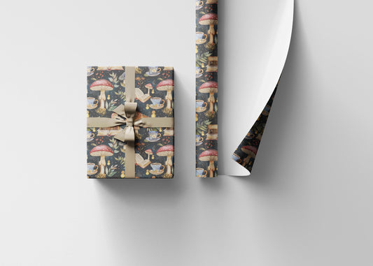 Whimsical Mushroom Wrapping Paper Roll for Autumn Fall Book lover Gifts, Dark academia Cottagecore Bookish Book club Packaging roll