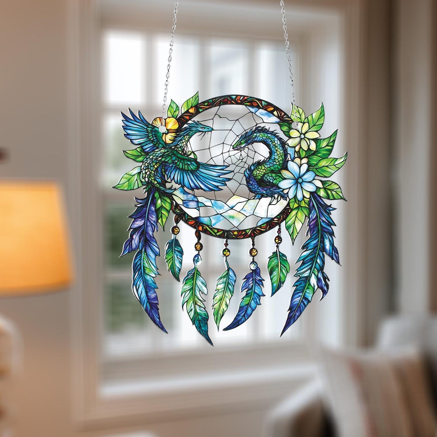 Phoenix and Dragon Dreamcatcher Hanging Decor, Boho Fantasy Feather Charm with Flowers and Sky, Mythical Creature Accent for Magical Homes