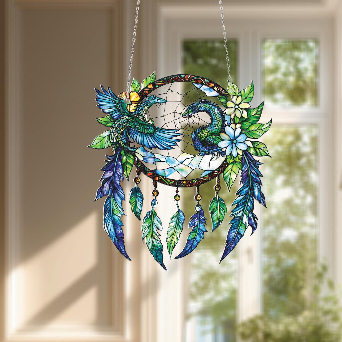 Phoenix and Dragon Dreamcatcher Hanging Decor, Boho Fantasy Feather Charm with Flowers and Sky, Mythical Creature Accent for Magical Homes