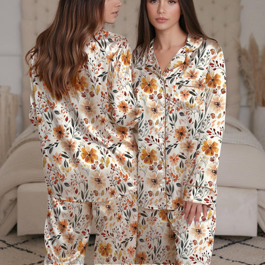 Boho Fall Floral Pajamas, Fall Cottagecore Flower Field Pajama Set, Cozy Autumn Sleepwear, Cottagecore Fall Loungewear Set, Thanksgiving Pjs