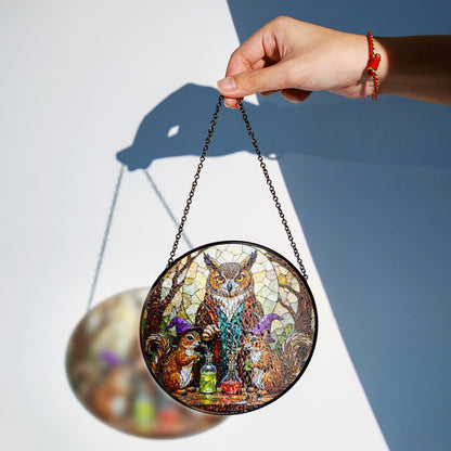 stained glass suncatcher fantasy owl squirrel potion scene Halloween gift Christmas gift for mom