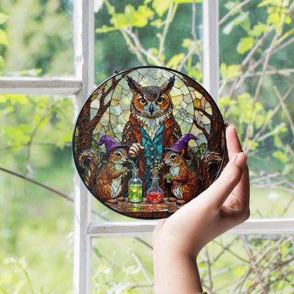 stained glass suncatcher fantasy owl squirrel potion scene Halloween gift Christmas gift for mom