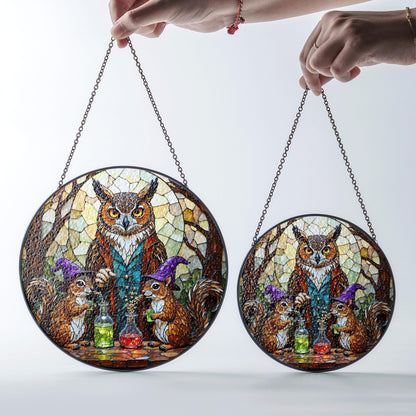 stained glass suncatcher fantasy owl squirrel potion scene Halloween gift Christmas gift for mom
