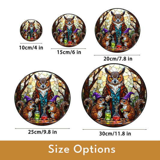 stained glass suncatcher fantasy owl squirrel potion scene Halloween gift Christmas gift for mom