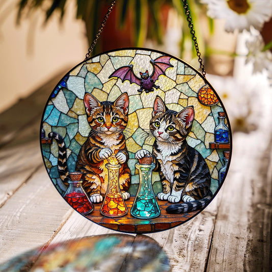 suncatcher stained glass tabby cats with potions halloween gift