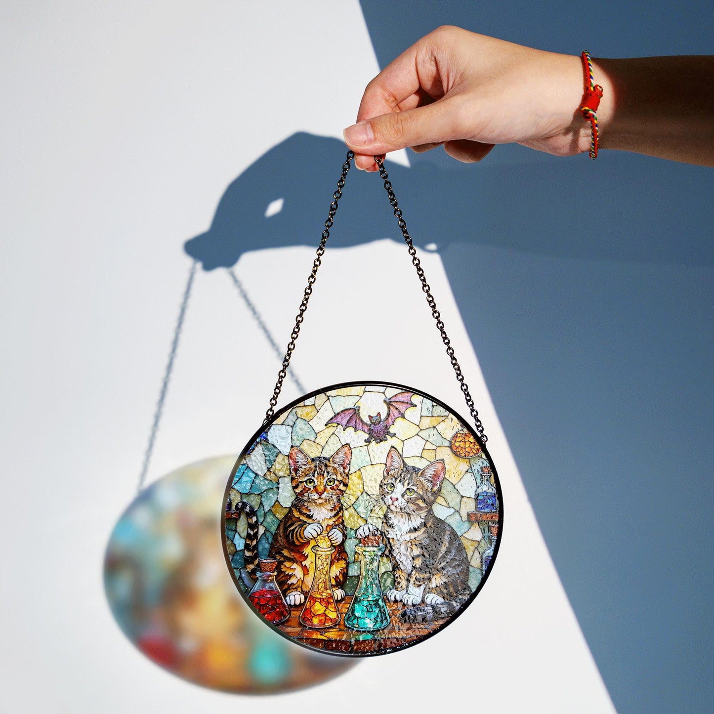 suncatcher stained glass tabby cats with potions halloween gift