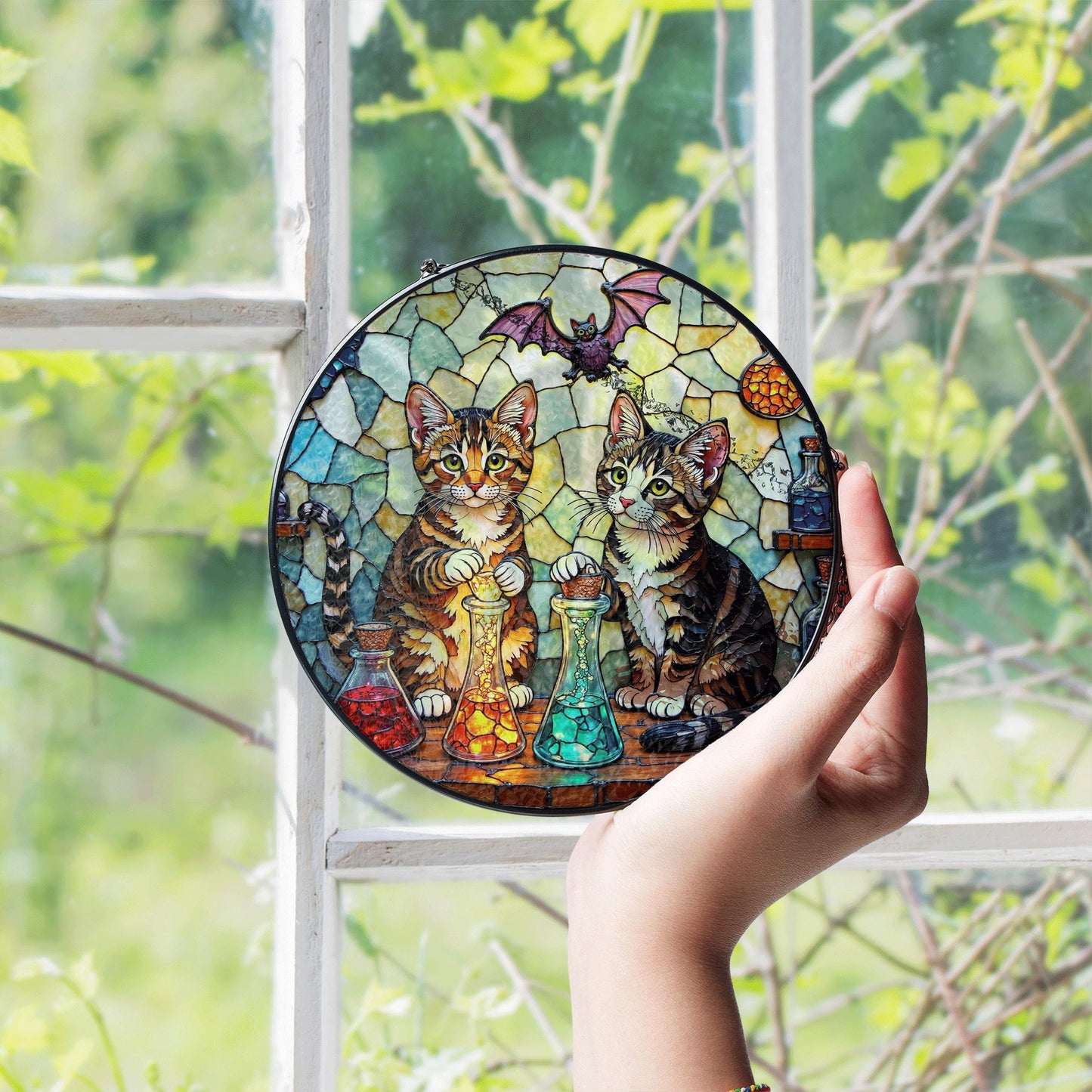 suncatcher stained glass tabby cats with potions halloween gift