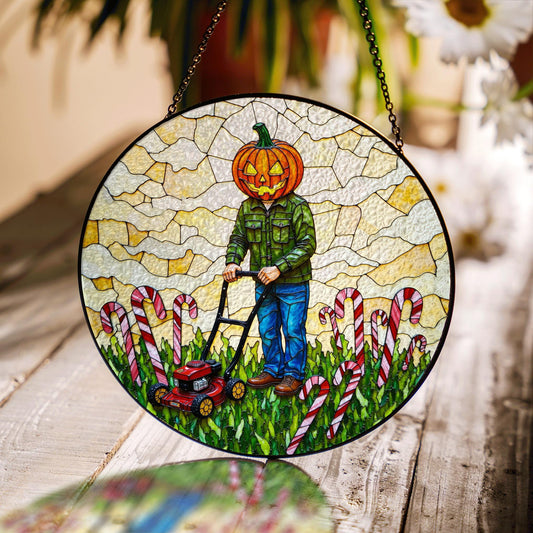 suncatcher stained glass pumpkin head man mowing candy cane field Halloween gift Christmas gift