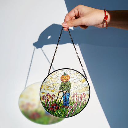 suncatcher stained glass pumpkin head man mowing candy cane field Halloween gift Christmas gift
