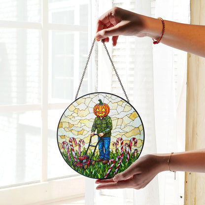 suncatcher stained glass pumpkin head man mowing candy cane field Halloween gift Christmas gift