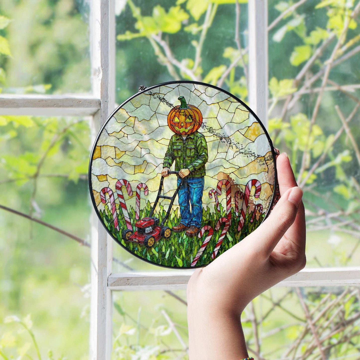 suncatcher stained glass pumpkin head man mowing candy cane field Halloween gift Christmas gift