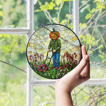 suncatcher stained glass pumpkin head man mowing candy cane field Halloween gift Christmas gift