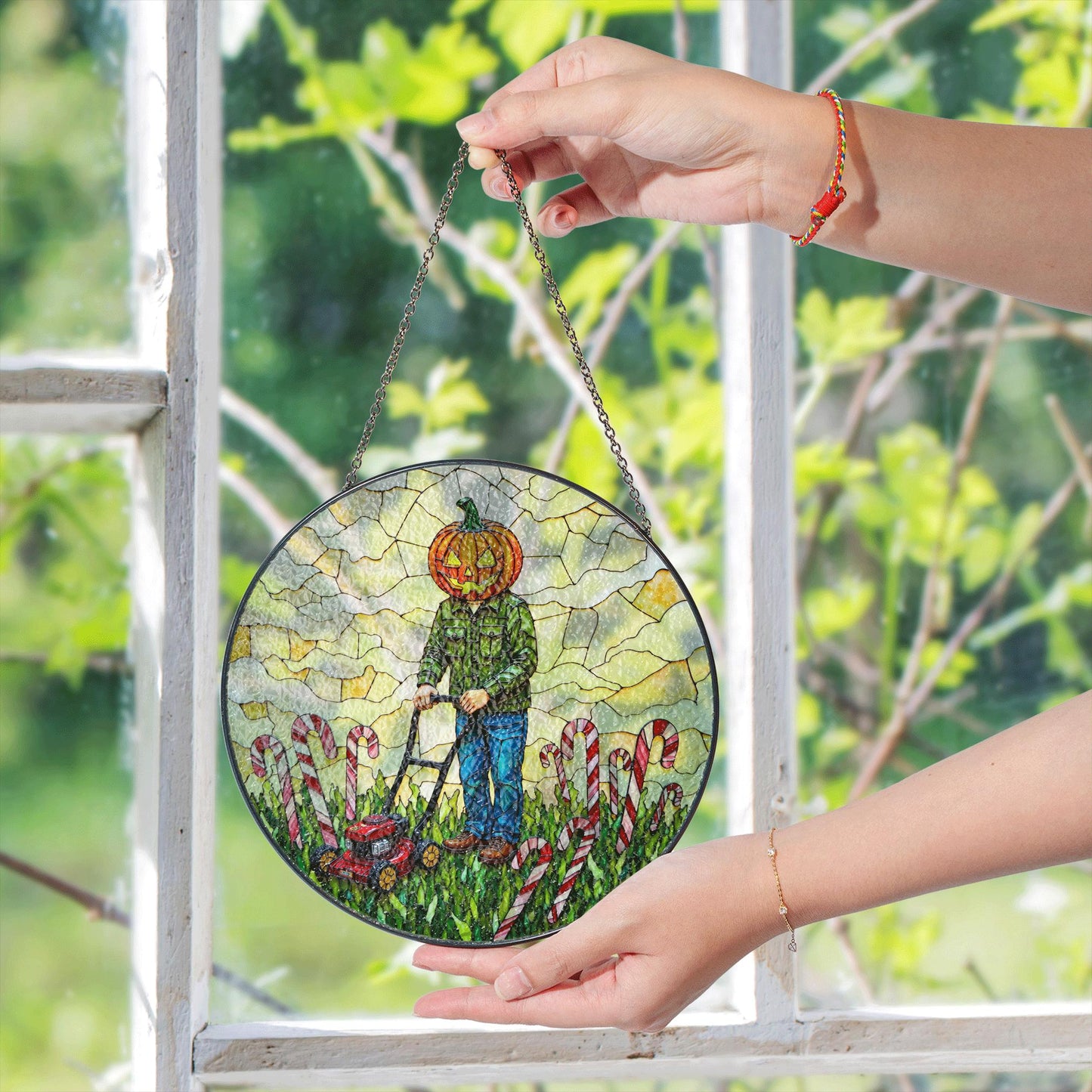 suncatcher stained glass pumpkin head man mowing candy cane field Halloween gift Christmas gift