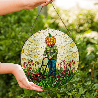 suncatcher stained glass pumpkin head man mowing candy cane field Halloween gift Christmas gift