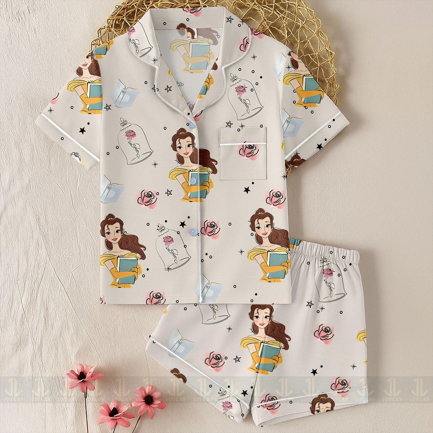 Belle Princess Rose Book Unisex Satin Pajamas Set, Spooky Season Pajamas , Long Sleeve And Short Styles