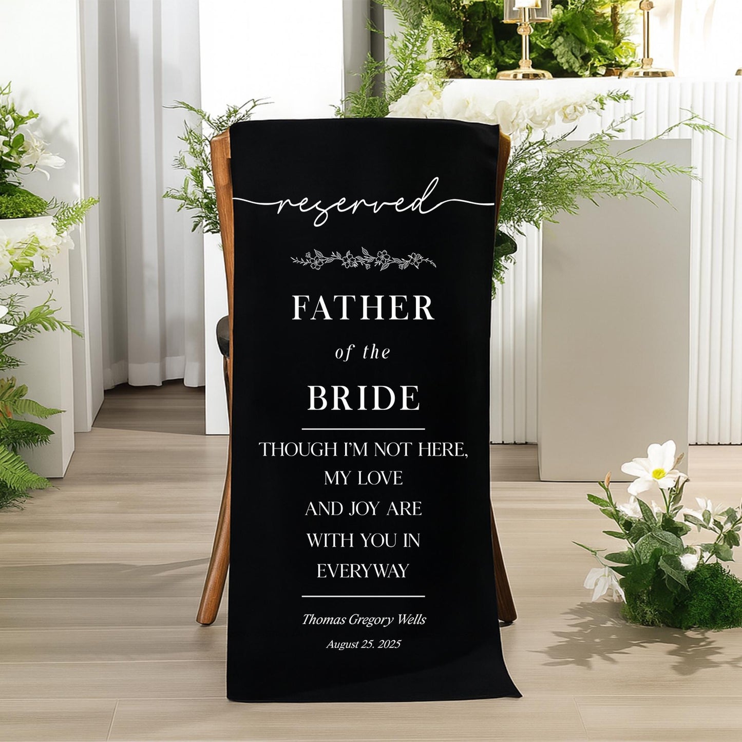 Personalized White Linen Chair Banner, Reserved Wedding Sign, In Memory Father of the Bride, Wedding Aisle Sign, Remembrance Ceremony Decor