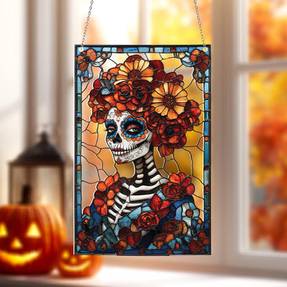 Dia De Los Muertos Sugar Skull Acrylic Suncatcher – Faux Stained Glass Window Hanging With Marigold Flowers And Colorful Mexican Decor