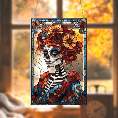 Dia De Los Muertos Sugar Skull Acrylic Suncatcher – Faux Stained Glass Window Hanging With Marigold Flowers And Colorful Mexican Decor