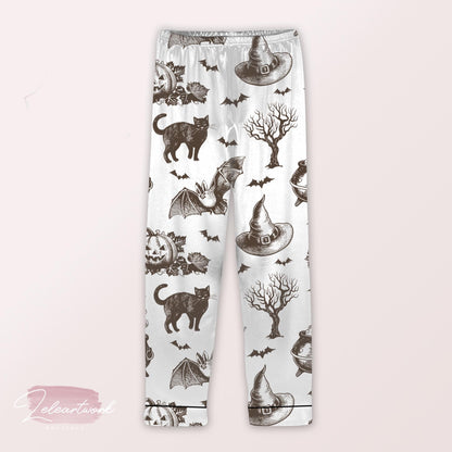 Bewitched Vintage Pajama – Retro Halloween Cat, Cauldron & Pumpkin Print Sleep Set | Spooky Autumn Loungewear for Women