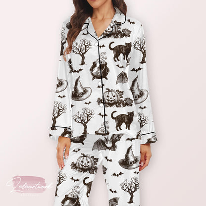 Bewitched Vintage Pajama – Retro Halloween Cat, Cauldron & Pumpkin Print Sleep Set | Spooky Autumn Loungewear for Women
