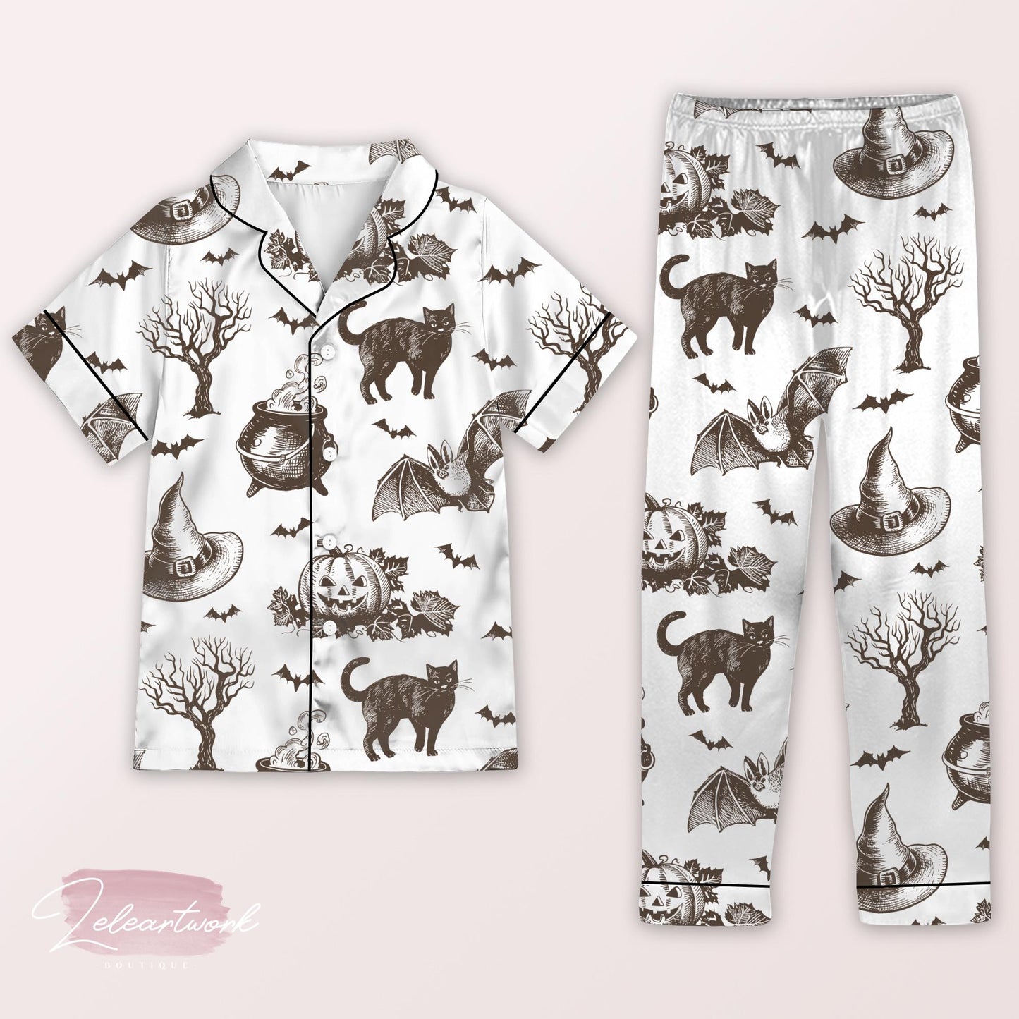 Bewitched Vintage Pajama – Retro Halloween Cat, Cauldron & Pumpkin Print Sleep Set | Spooky Autumn Loungewear for Women