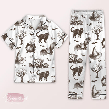 Bewitched Vintage Pajama – Retro Halloween Cat, Cauldron & Pumpkin Print Sleep Set | Spooky Autumn Loungewear for Women