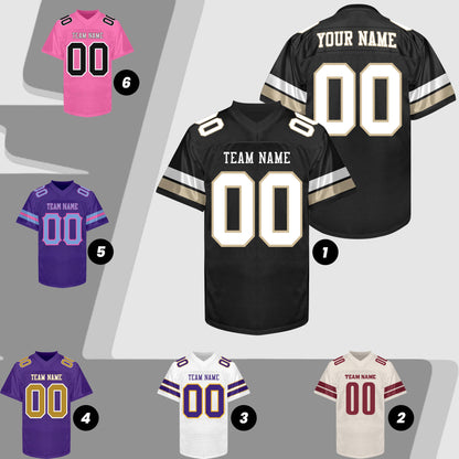 Custom Black Football Jersey Name Number Logo, Black White Gold Football Uniform Men Women Youth Kid, Game Day Sports Jersey Uniforms