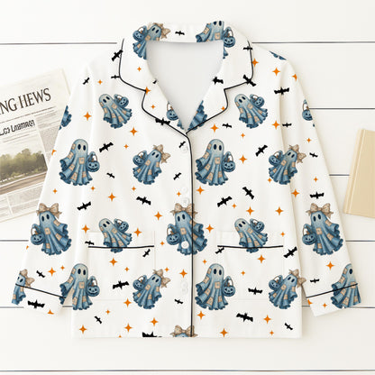 Halloween Blue Ghost Pajamas Set, Halloween Ghost With Bats Sleepwear, Cozy Fall Loungewear, Halloween Pattern Homewear, Halloween Gift