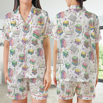 Cute Bookish Satin Pajamas Set, Floral Bookworm Pajama Set, Book Lover Flower Sleepwear, Reading Booktrovert Gift