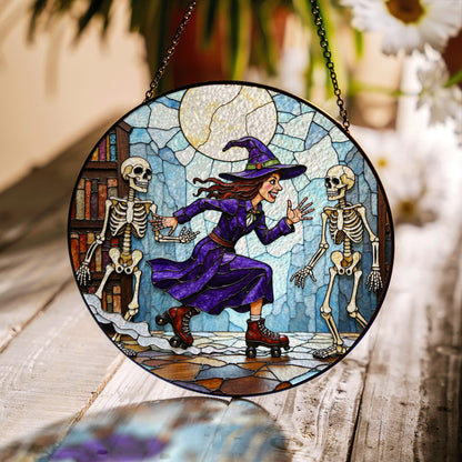 Suncatcher stained glass witch skating with skeletons Halloween gift