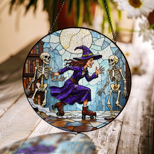 Suncatcher stained glass witch skating with skeletons Halloween gift