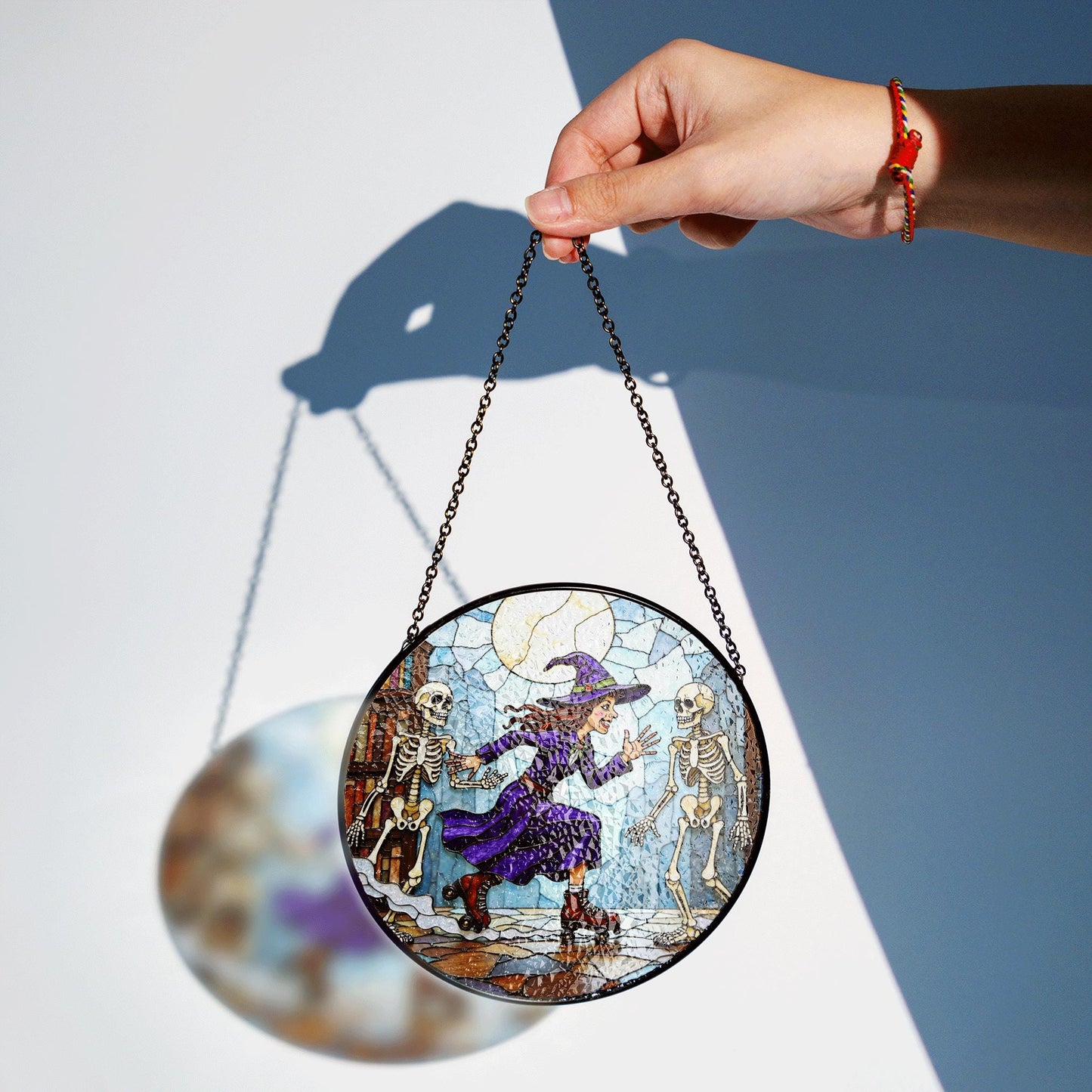 Suncatcher stained glass witch skating with skeletons Halloween gift