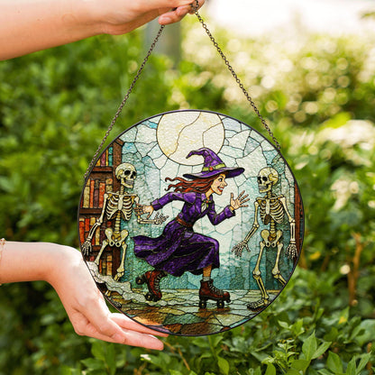 Suncatcher stained glass witch skating with skeletons Halloween gift