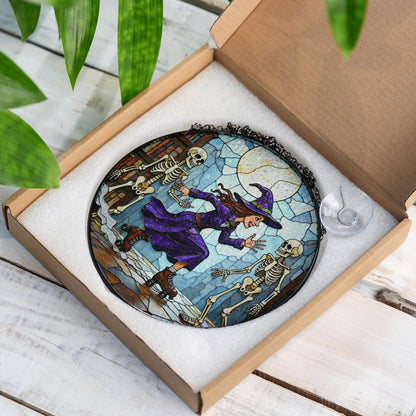 Suncatcher stained glass witch skating with skeletons Halloween gift