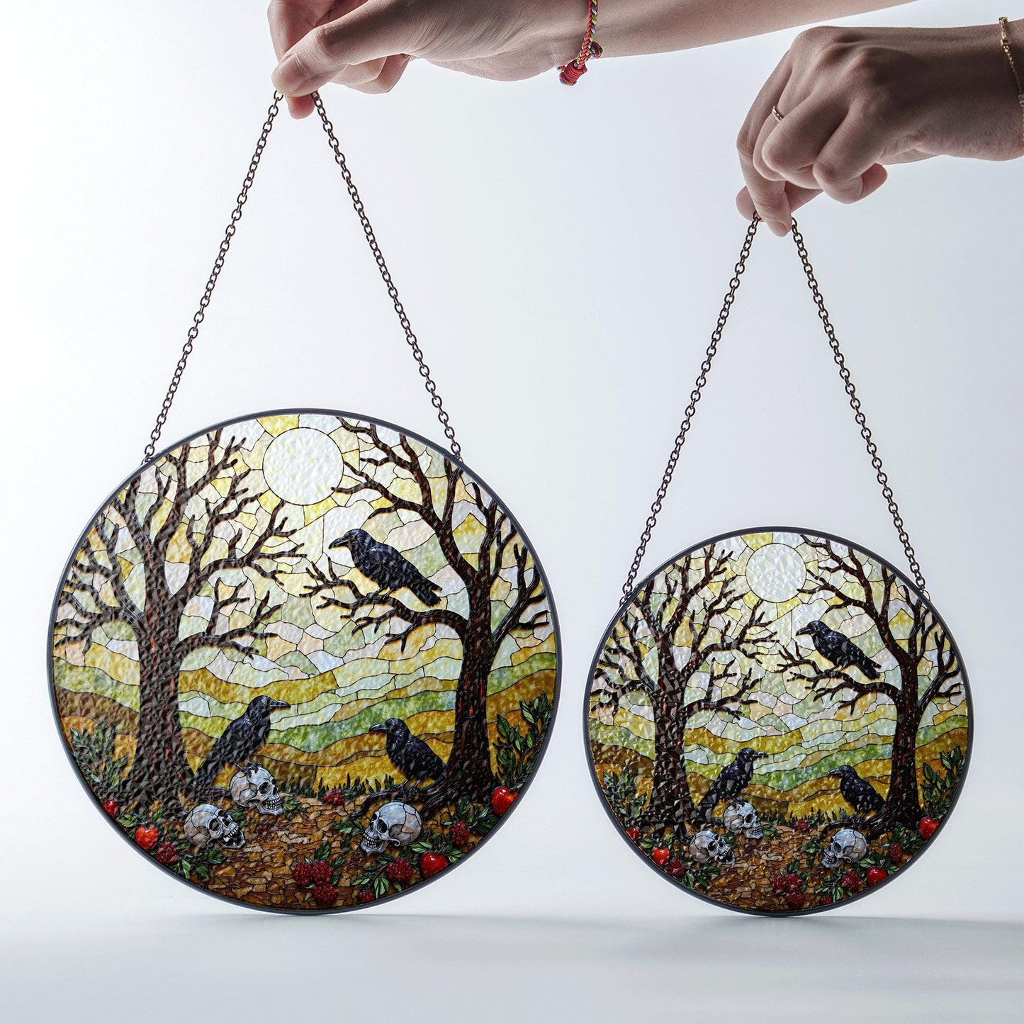 Suncatcher stained glass ravens skulls autumn forest Halloween gift
