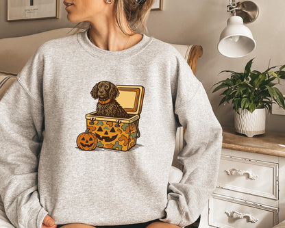 Boykin Spaniel Halloween Sweatshirt, Dog in Camo Cooler with Pumpkin Face, Fall Hunting Dog Shirt, Southern Spooky Halloween Tee