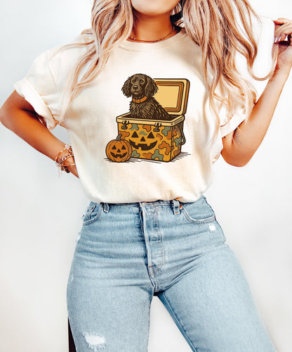 Boykin Spaniel Halloween Sweatshirt, Dog in Camo Cooler with Pumpkin Face, Fall Hunting Dog Shirt, Southern Spooky Halloween Tee