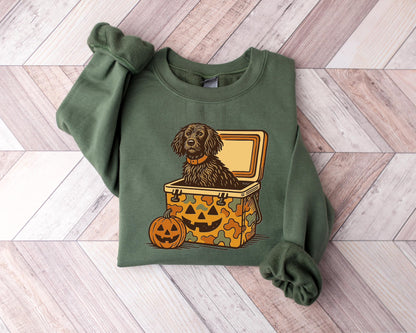 Boykin Spaniel Halloween Sweatshirt, Dog in Camo Cooler with Pumpkin Face, Fall Hunting Dog Shirt, Southern Spooky Halloween Tee