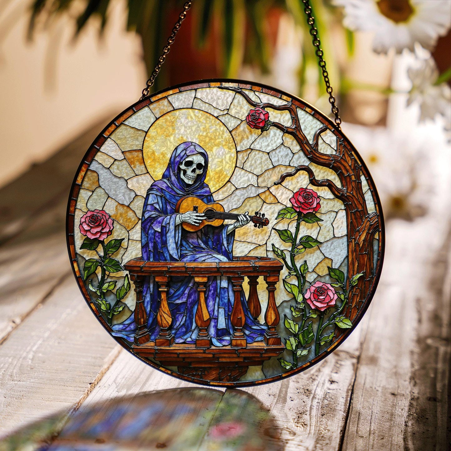 stained glass suncatcher skeleton playing guitar with roses gothic halloween gift